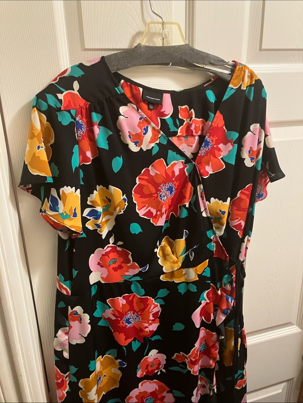 Who What Wear Black Floral Wrap Dress with Red, Yellow, Pink & Teal Accents